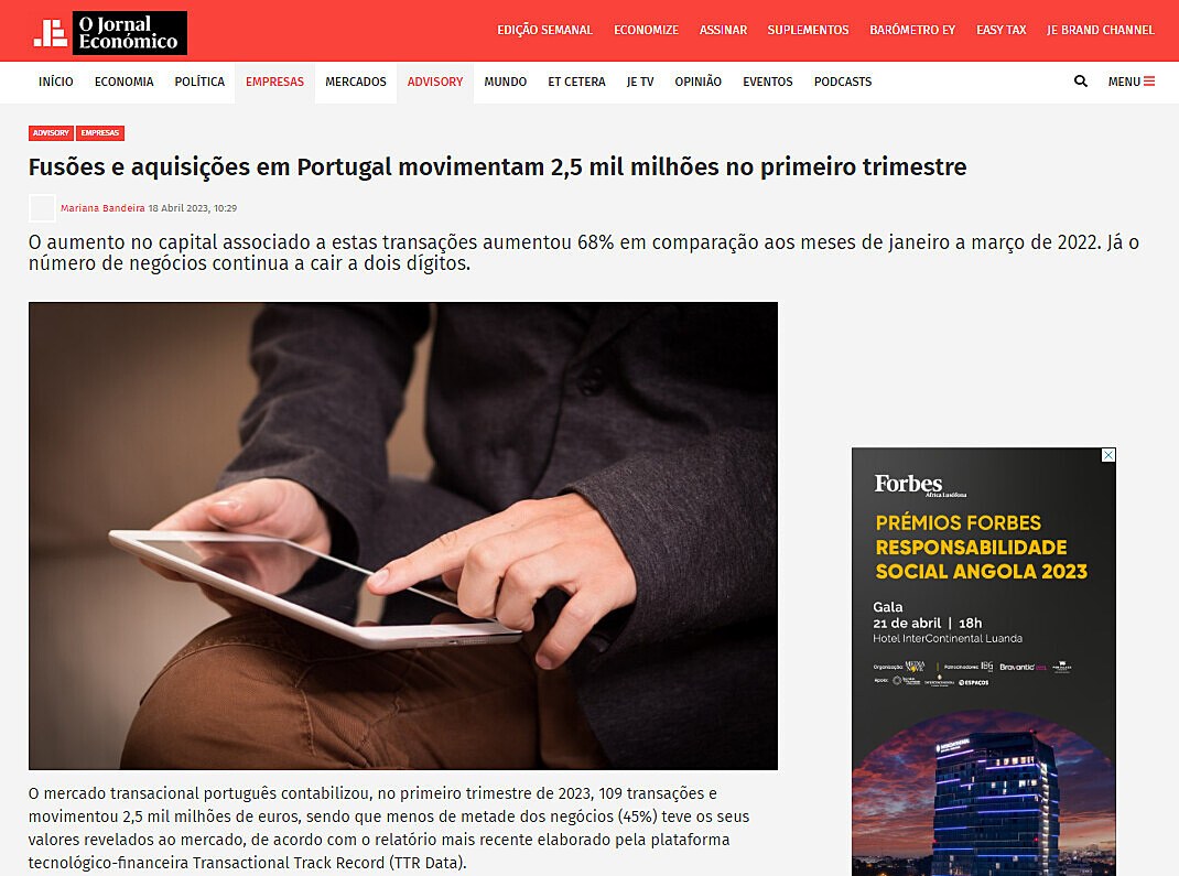 Fuses e aquisies em Portugal movimentam 2,5 mil milhes no primeiro trimestre